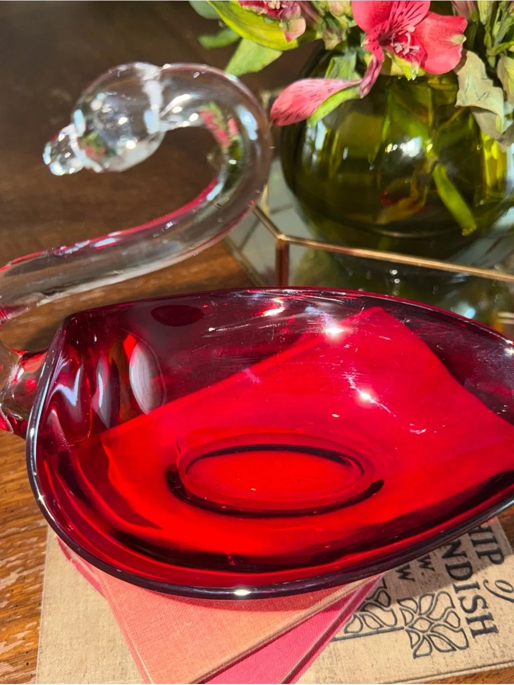 Ruby Red Glass Swan Accent Bowl - Home Accents